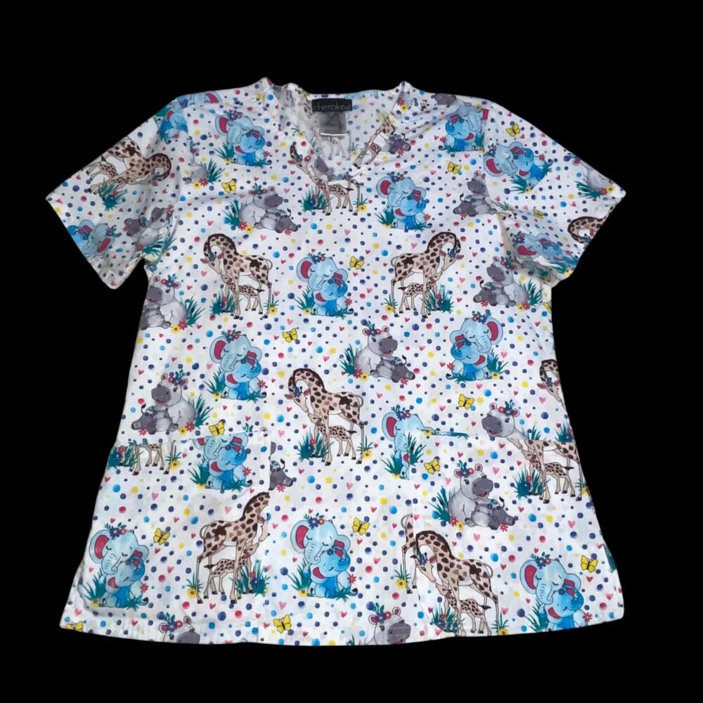 Cherokee Baby Giraffe Hippo Elephant White Sz Small Scrub Top Hearts Butterflies